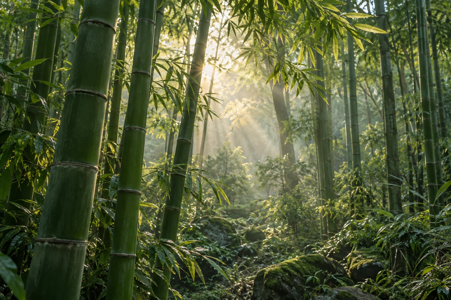 Sonnenlicht in einem üppigen Bambushain